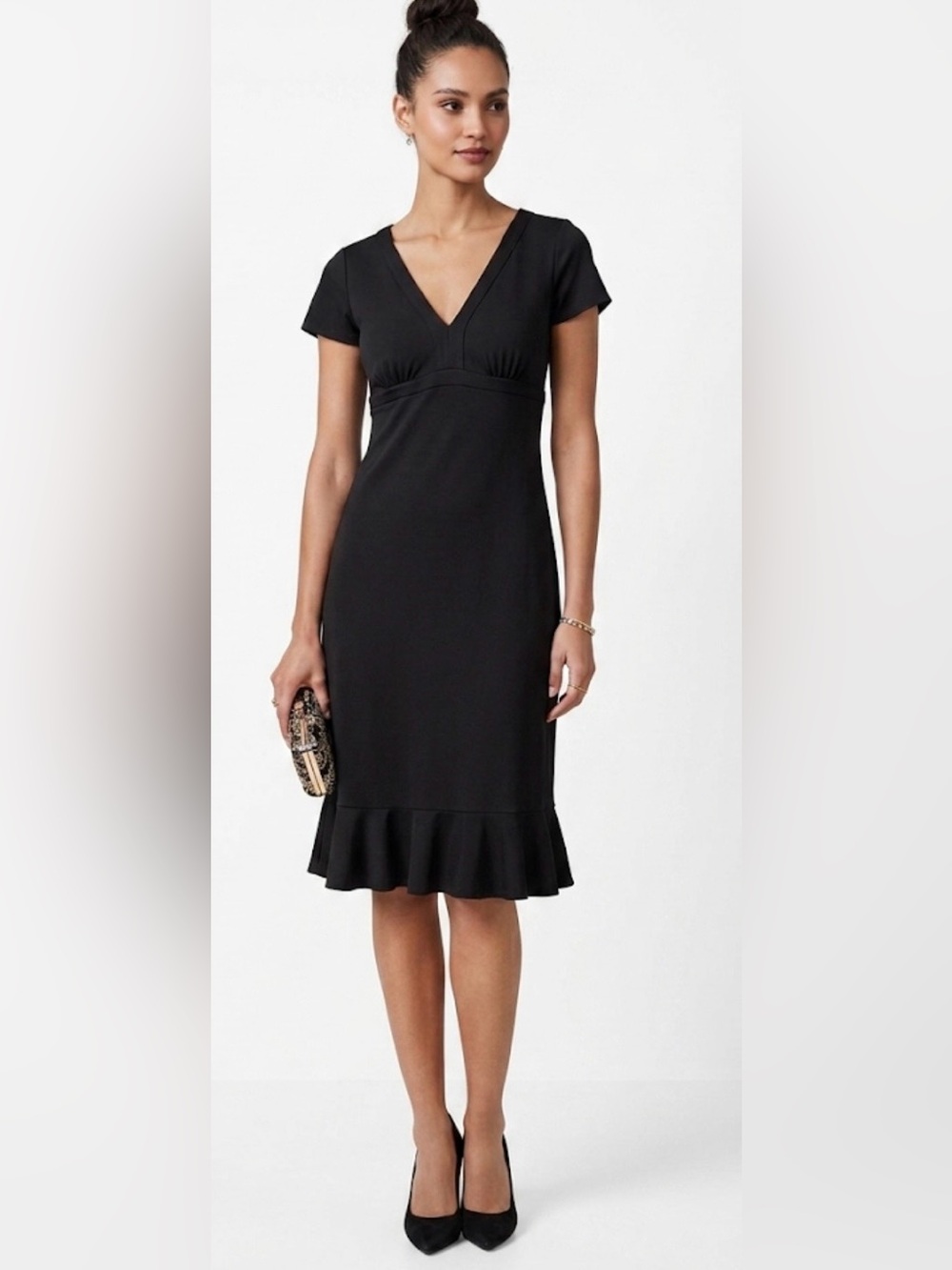 LOFT Petites Black V-Neck Ruffle Hem Dress – Size 4P